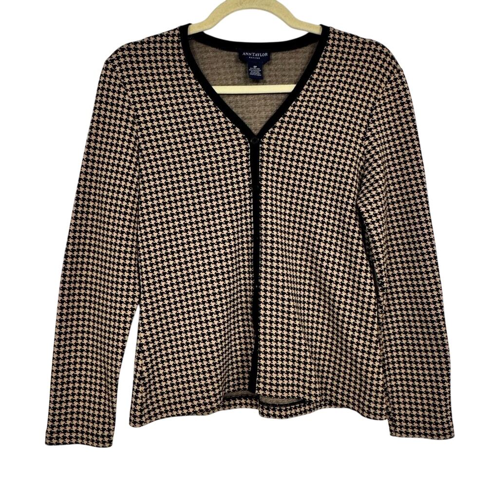 Ann Taylor Tan Black Houndstooth Cardigan Sweater Womens SP Preppy Y2K Academia